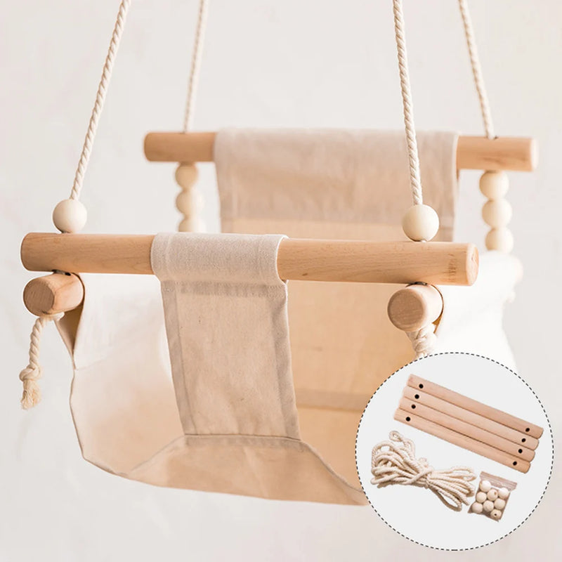 Premium Baby Hanging Swing Seat - Canvas and Wood Toddler Rocker Toy