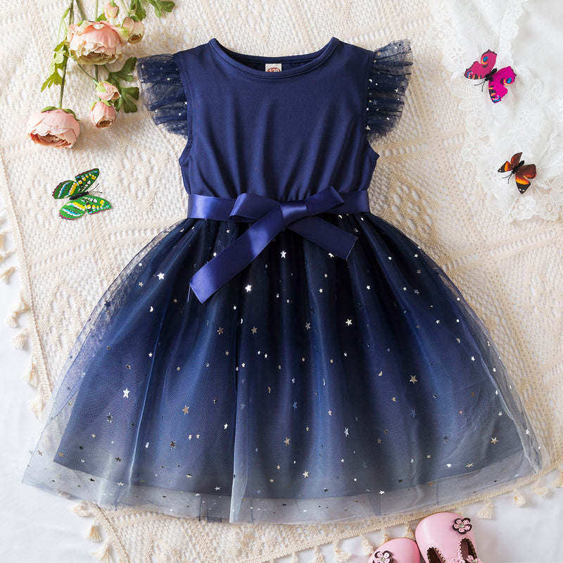 Girls Summer New Flying Sleeves Sequins Mesh Dresses for Kids Girls 2024 Children's Princess Dress 2-6 Yrs Baby Girl Casual Wear