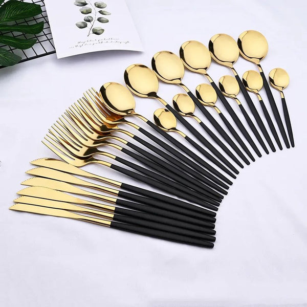 24 Pcs Premium Stainless Steel Dining Cutlery Set Golden & Black