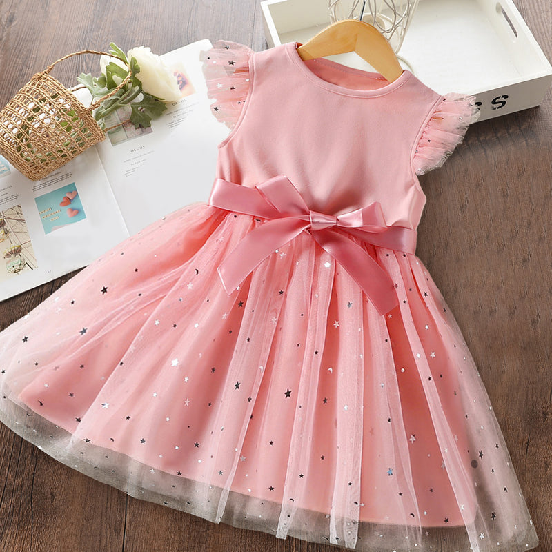 Girls Summer New Flying Sleeves Sequins Mesh Dresses for Kids Girls 2024 Children's Princess Dress 2-6 Yrs Baby Girl Casual Wear