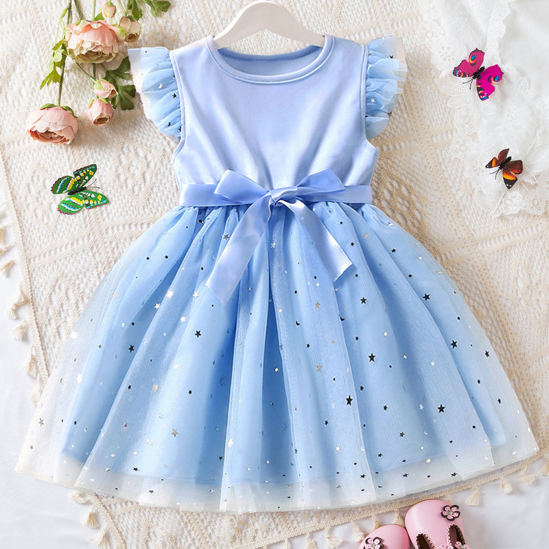 Girls Summer New Flying Sleeves Sequins Mesh Dresses for Kids Girls 2024 Children's Princess Dress 2-6 Yrs Baby Girl Casual Wear