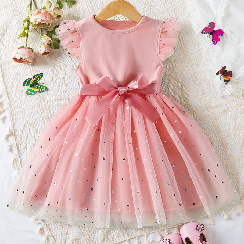 Girls Summer New Flying Sleeves Sequins Mesh Dresses for Kids Girls 2024 Children's Princess Dress 2-6 Yrs Baby Girl Casual Wear